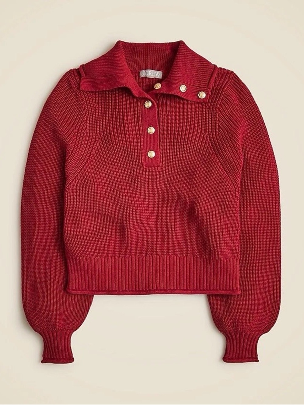 J.Crew Ribbed 100% Cotton Button Collar Sweater Red Ochre Gold Buttons Size S